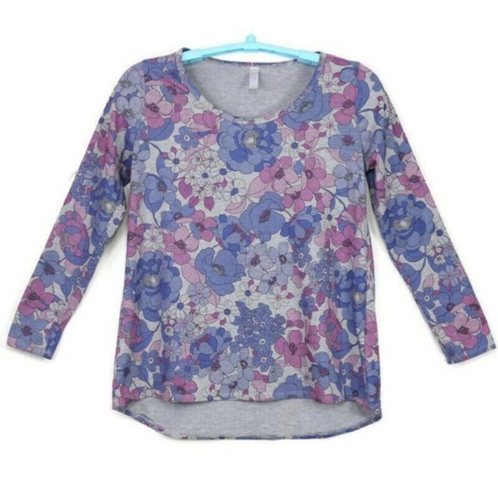 LuLaRoe Lynnae Shirt Top Tunic Purple Pink Gray Floral Long Sleeve L‎ Large